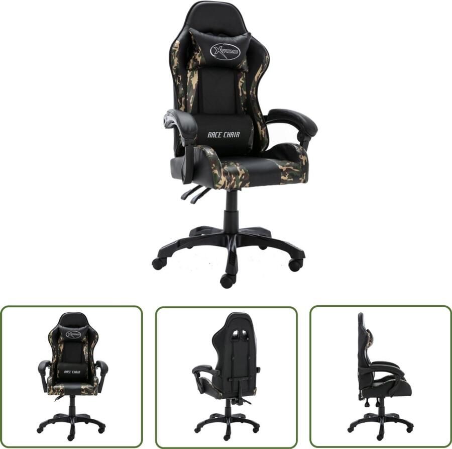 The Living Store Racestoel kunstleer zwart en camouflage Gamingstoel Racecarstoelen Kantoorstoel Ergonomische Stoel Bureaustoel