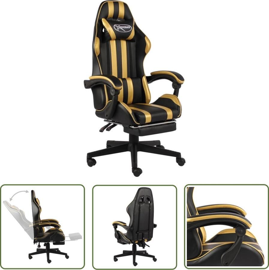 The Living Store Racestoel Gamestoel Zwart Goud Kunstleer 62x69x115-130cm Met Voetensteun Gamingstoel Racecarstoelen Bureaustoel Kantoorstoel Gamerstoel - Foto 2