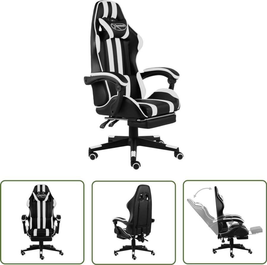 The Living Store Racestoel met voetensteun kunstleer zwart en wit Gamingstoel Racecarstoelen Gaming Accessoires Kantoorstoel Bureaustoel