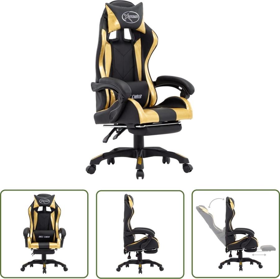 The Living Store Racestoel Goud Zwart Verstelbaar Kunstleer 64x65x(111.5-119) cm Gamingstoel Racefietsstoel Kantoorstoelen Ergonomische Stoel Bureaustoel - Foto 2