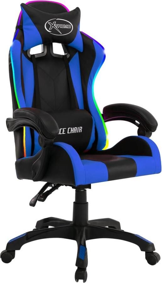 VidaXL Racestoel Kunstleer Blauw Zwart RGB LED Gamestoel Racecarstoel Gamersstoel Pc Stoel Kantoorstoelen Bureaustool Led Licht Rgb Verlichting Verstelbare Stoel Ergonomische Stoel Kunstleder
