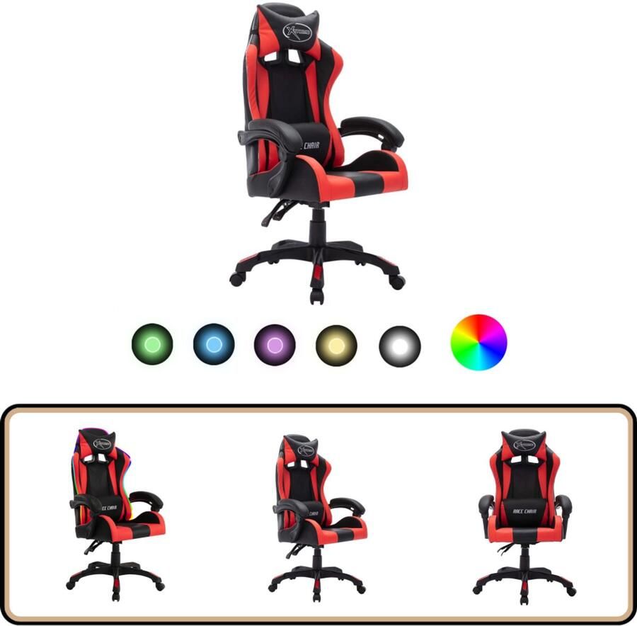 VidaXL Racestoel Kunstleer Rood Zwart RGB LED Gamestoel Gamingstoel Bureaustoel Kantoorstoel Ergonomische Stoel