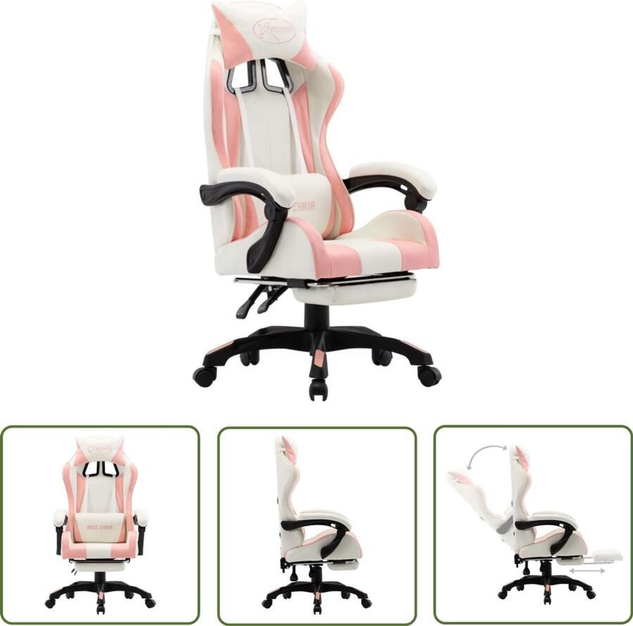 VidaXL Racestoel Kunstleer Roze Wit Verstelbaar Gamingstoel Racecarstoelen Kantoorstoel Gamingbureau Computerstoel Rozestol Witte Stoel Ergonomische Stoel Bureaustoel