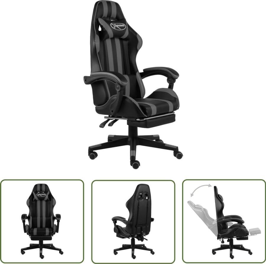 VidaXL Racestoel Kunstleer Zwart en Grijs Verstelbaar Gamingstoel Racecarstoel Gamingchair Kantoorstoel Ergonomische Stoel Kunstleder Stoel Bureaustoel