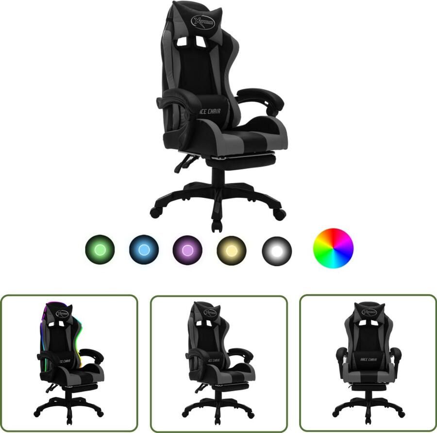 VidaXL Racestoel met LED verlichting Grijs Zwart Gamestoel Gamerstoel Racecarstoelen Pc Stoel Bureaustoel Esports Stoel Led Gaming Chair Gaming Accessoires