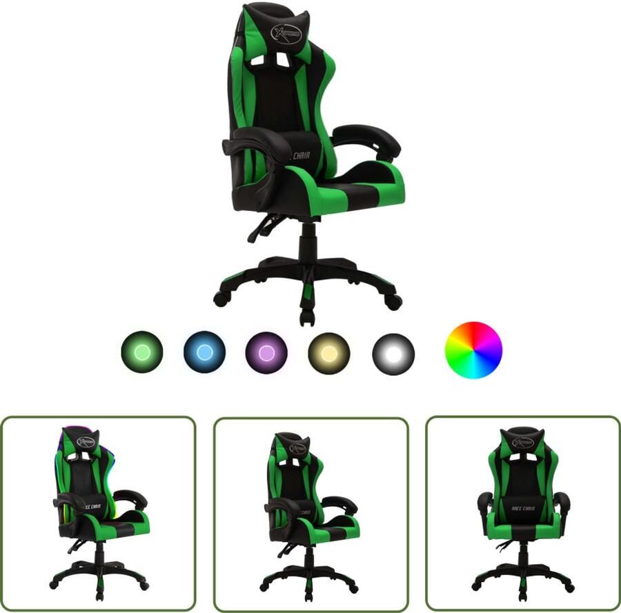 VidaXL Racestoel met RGB LED Groen Zwart Gamestoel Gamingstoel Racecarstoelen Bureaustoel Kantoorstoel Led Licht Rgb Verlichting Verstelbare Stoel Ergonomisch