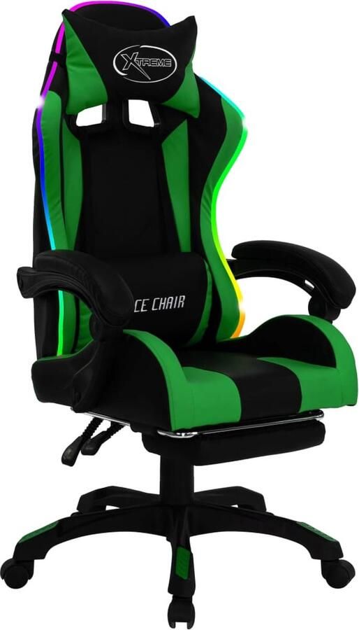 VidaXL Racestoel met RGB LED groen zwart Gamestoel Gamingstoel Racecarstoelen Esportsstoel Pc Stoel Kantoorstoel Bureaustoel Led Verlichting Rgb Verlichting Kunstleder