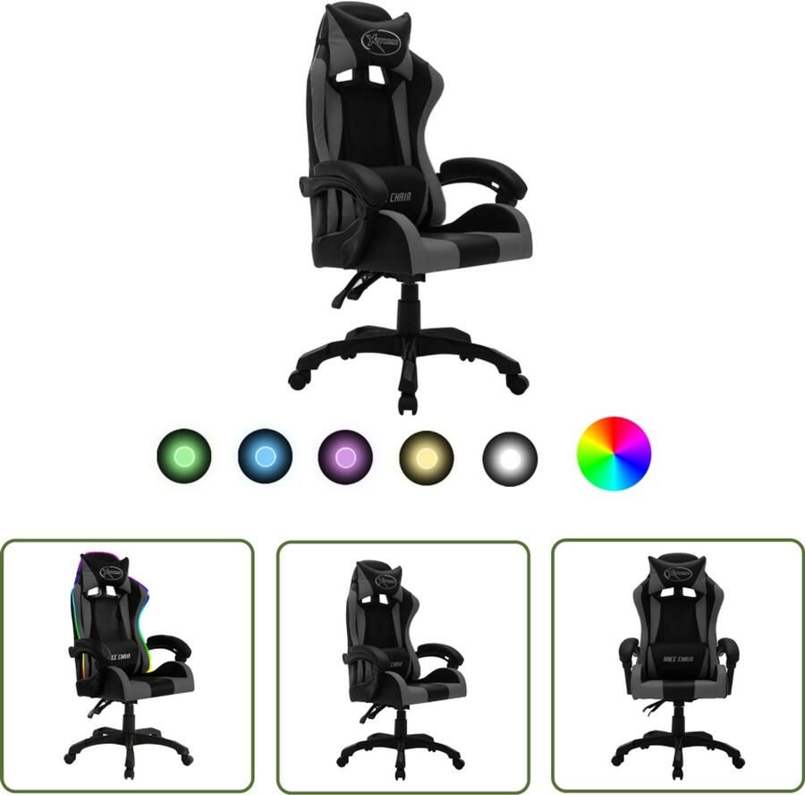 VidaXL Racestoel met RGB LED Kunstleer Grijs Zwart Gamingstoel Racecarstoel Gamersstoel Pc Stoel Bureaustoel Led Verlichting Rgb Verlichting Verstelbare Stoel Kunstleder