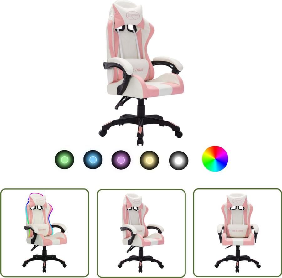 VidaXL Racestoel met RGB LED roze en zwart Gamestoel Gamingstoel Racecarstoelen Pc Stoel Kantoorstoel Ergonomische Stoel Led Licht Rgb Verlichting Rozerig