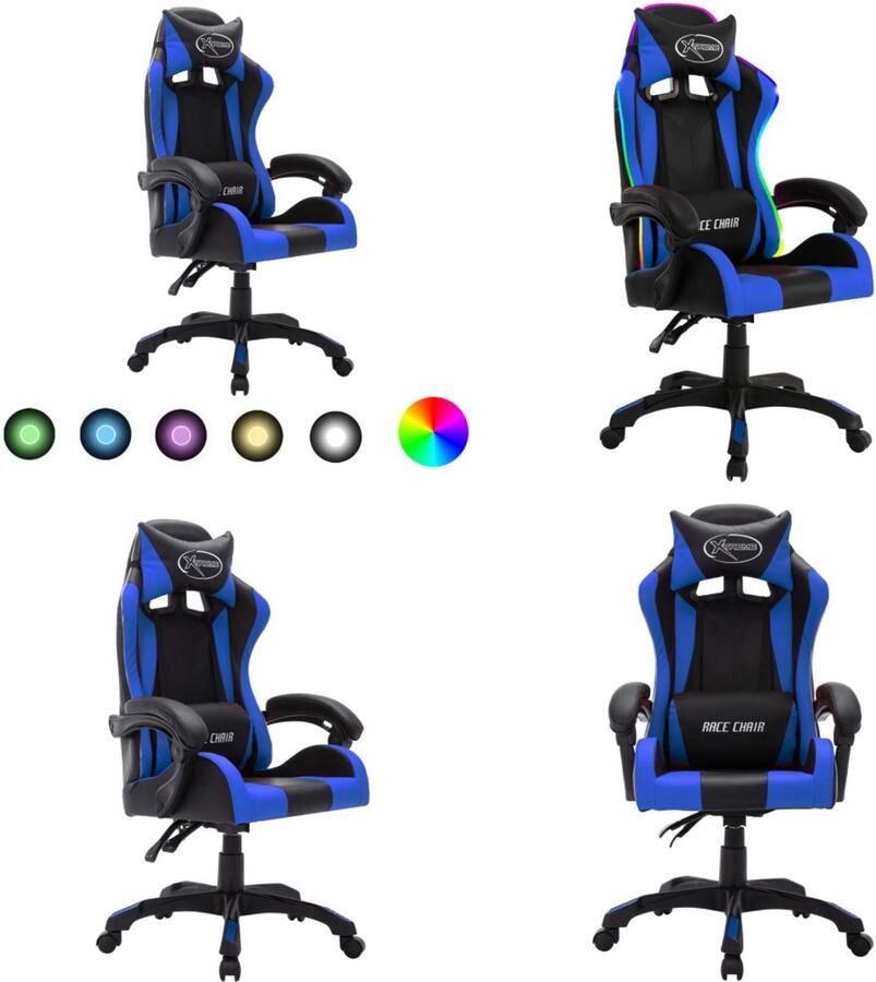 VidaXL Racestoel met RGB LED-verlichting kunstleer blauw en zwart Kantoorstoel Kantoorstoelen Kantoor Stoel Kantoor Stoelen