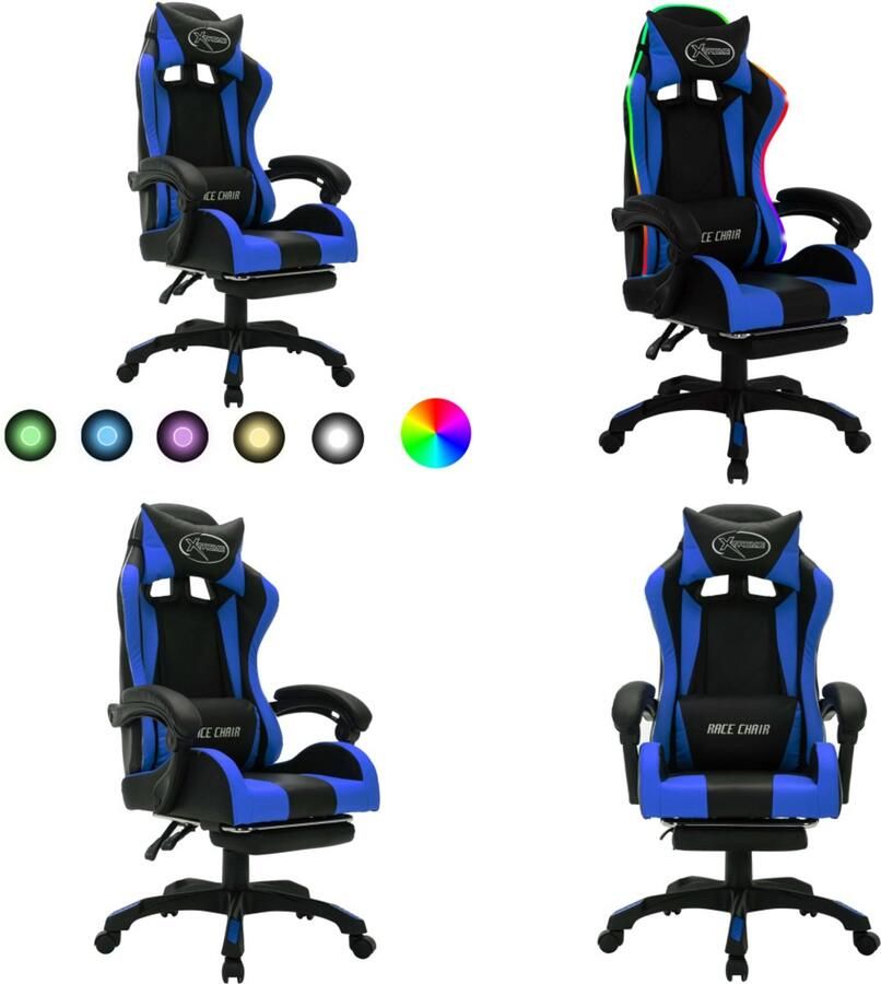 VidaXL Racestoel met RGB LED-verlichting kunstleer blauw en zwart Kantoorstoel Kantoorstoelen Kantoor Stoel Kantoor Stoelen