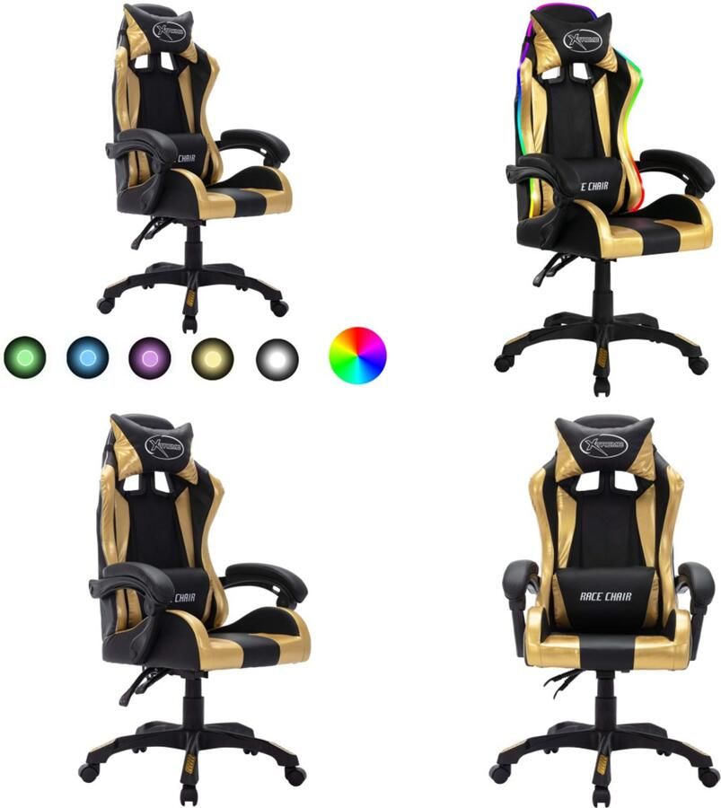 VidaXL Racestoel met RGB LED-verlichting kunstleer goudkleurig en zwart Kantoorstoel Kantoorstoelen Kantoor Stoel Kantoor Stoelen