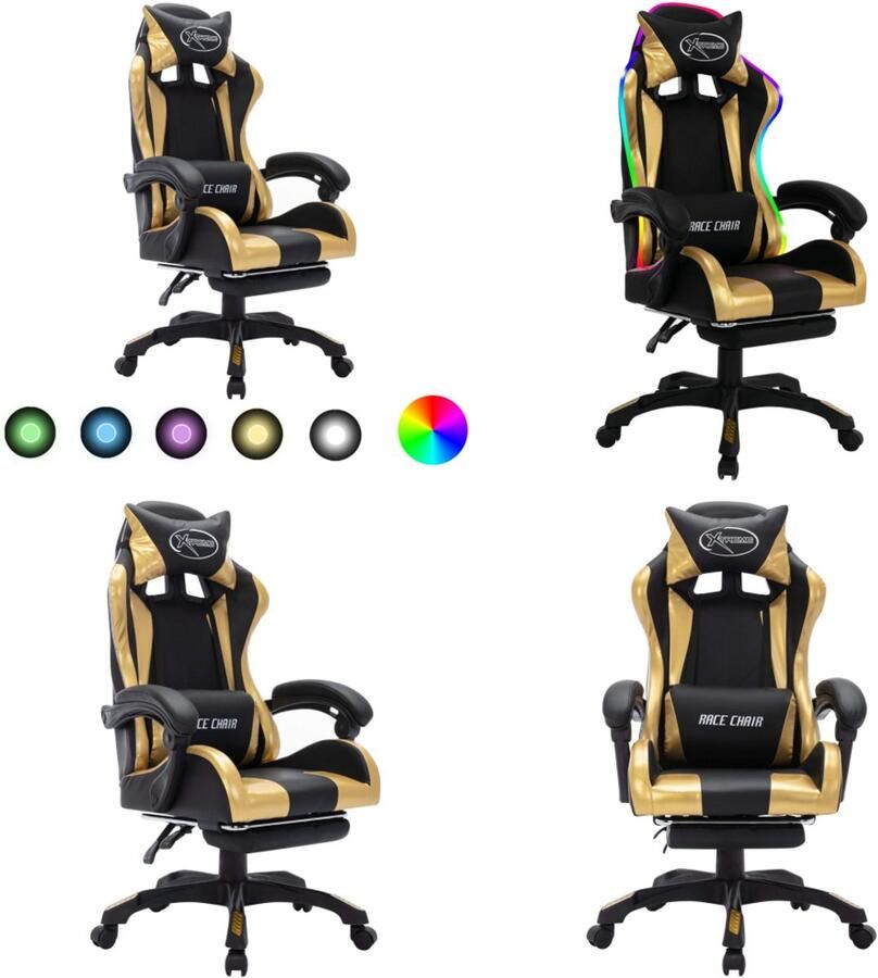 VidaXL Racestoel met RGB LED-verlichting kunstleer goudkleurig en zwart Kantoorstoel Kantoorstoelen Kantoor Stoel Kantoor Stoelen