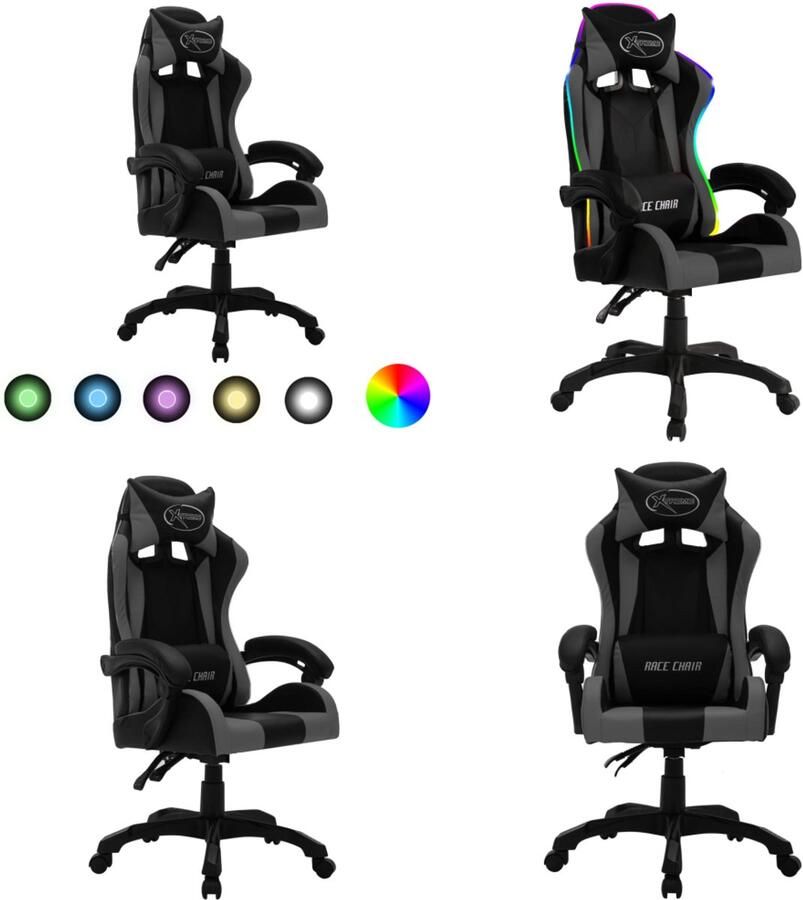 VidaXL Racestoel met RGB LED-verlichting kunstleer grijs en zwart Kantoorstoel Kantoorstoelen Kantoor Stoel Kantoor Stoelen