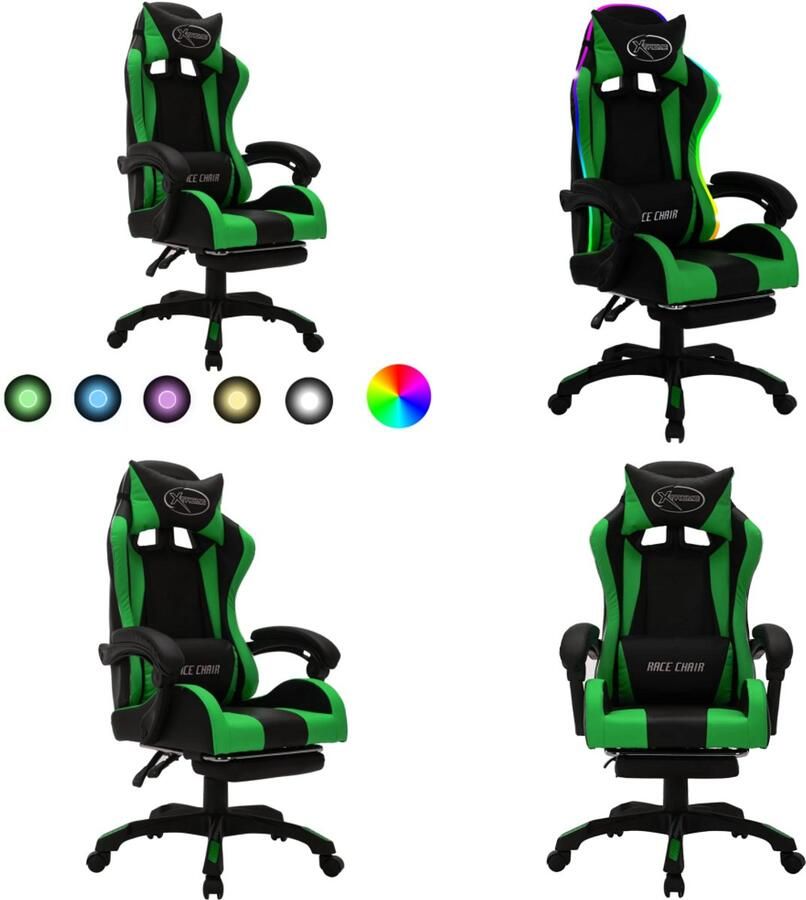 VidaXL Racestoel met RGB LED-verlichting kunstleer groen en zwart Kantoorstoel Kantoorstoelen Kantoor Stoel Kantoor Stoelen