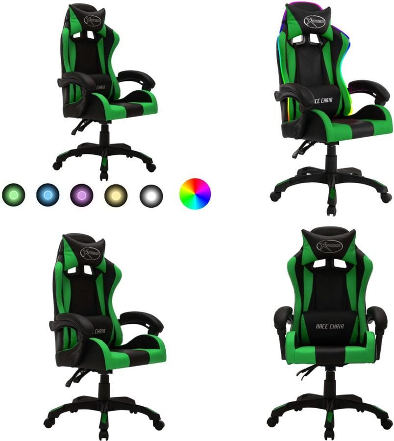 VidaXL Racestoel met RGB LED-verlichting kunstleer groen en zwart Kantoorstoel Kantoorstoelen Kantoor Stoel Kantoor Stoelen