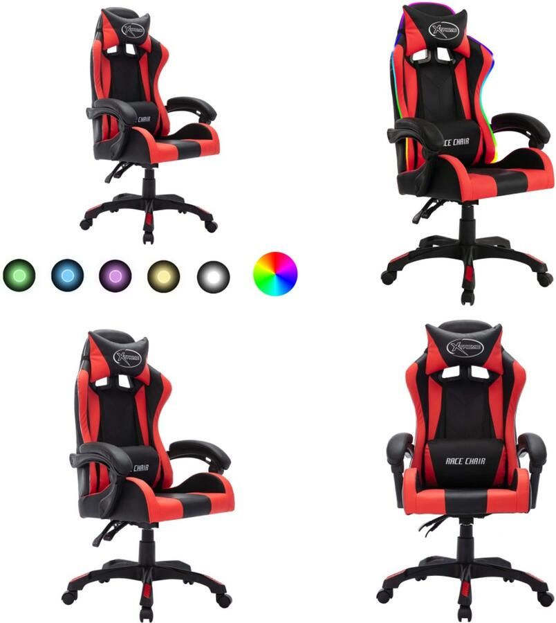 VidaXL Racestoel met RGB LED-verlichting kunstleer rood en zwart Kantoorstoel Kantoorstoelen Kantoor Stoel Kantoor Stoelen