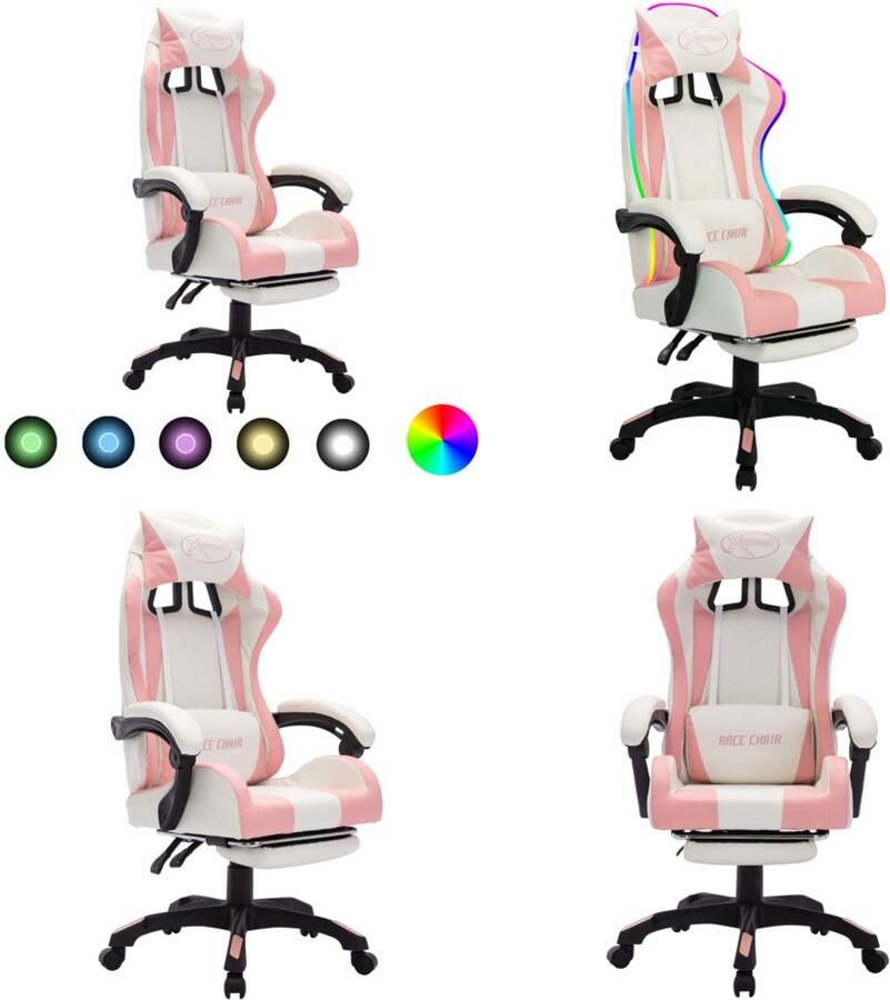 VidaXL Racestoel met RGB LED-verlichting kunstleer roze en wit Kantoorstoel Kantoorstoelen Kantoor Stoel Kantoor Stoelen