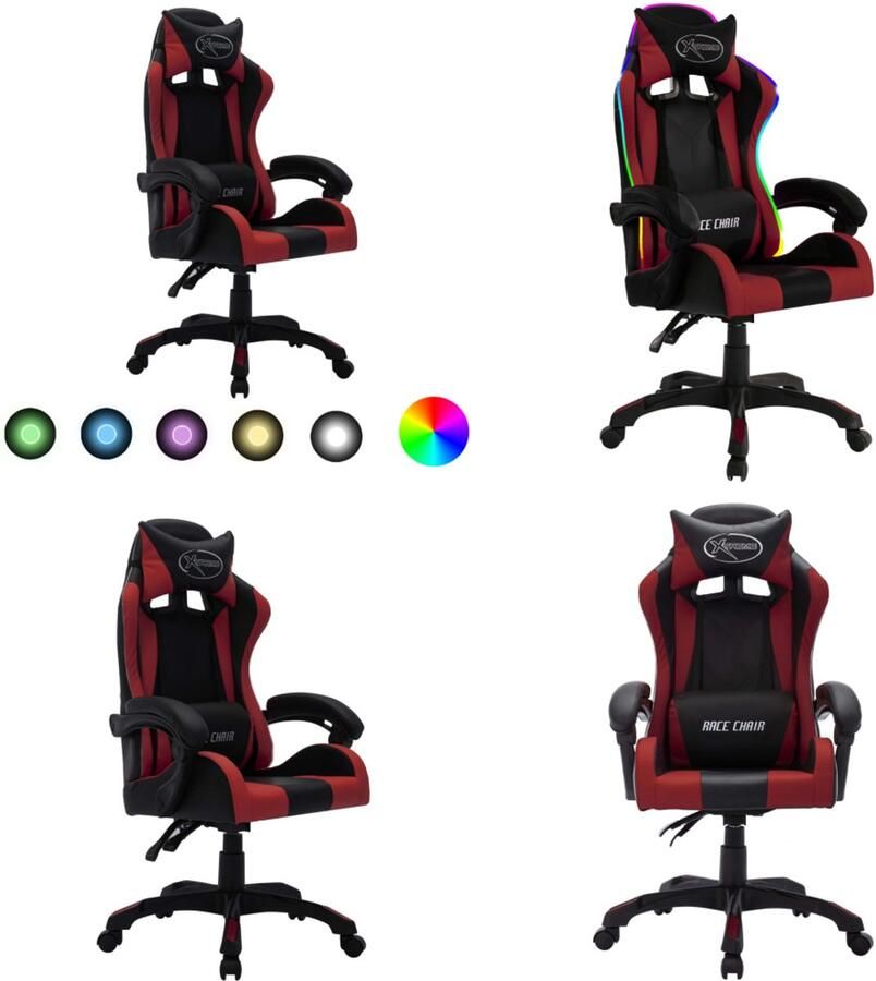 VidaXL Racestoel met RGB LED-verlichting kunstleer wijnrood en zwart Kantoorstoel Kantoorstoelen Kantoor Stoel Kantoor Stoelen