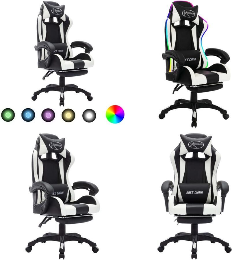 VidaXL Racestoel met RGB LED-verlichting kunstleer wit en zwart Kantoorstoel Kantoorstoelen Kantoor Stoel Kantoor Stoelen