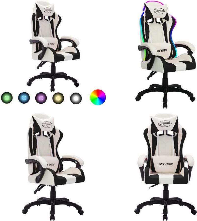 VidaXL Racestoel met RGB LED-verlichting kunstleer wit en zwart Kantoorstoel Kantoorstoelen Kantoor Stoel Kantoor Stoelen