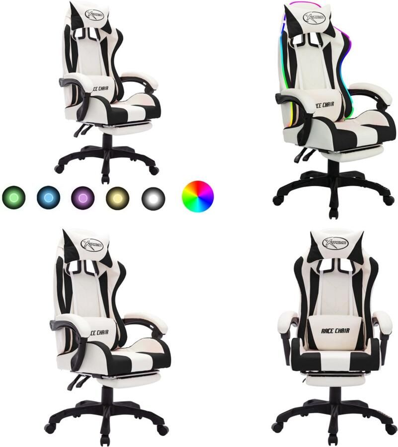 VidaXL Racestoel met RGB LED-verlichting kunstleer zwart en wit Kantoorstoel Kantoorstoelen Kantoor Stoel Kantoor Stoelen