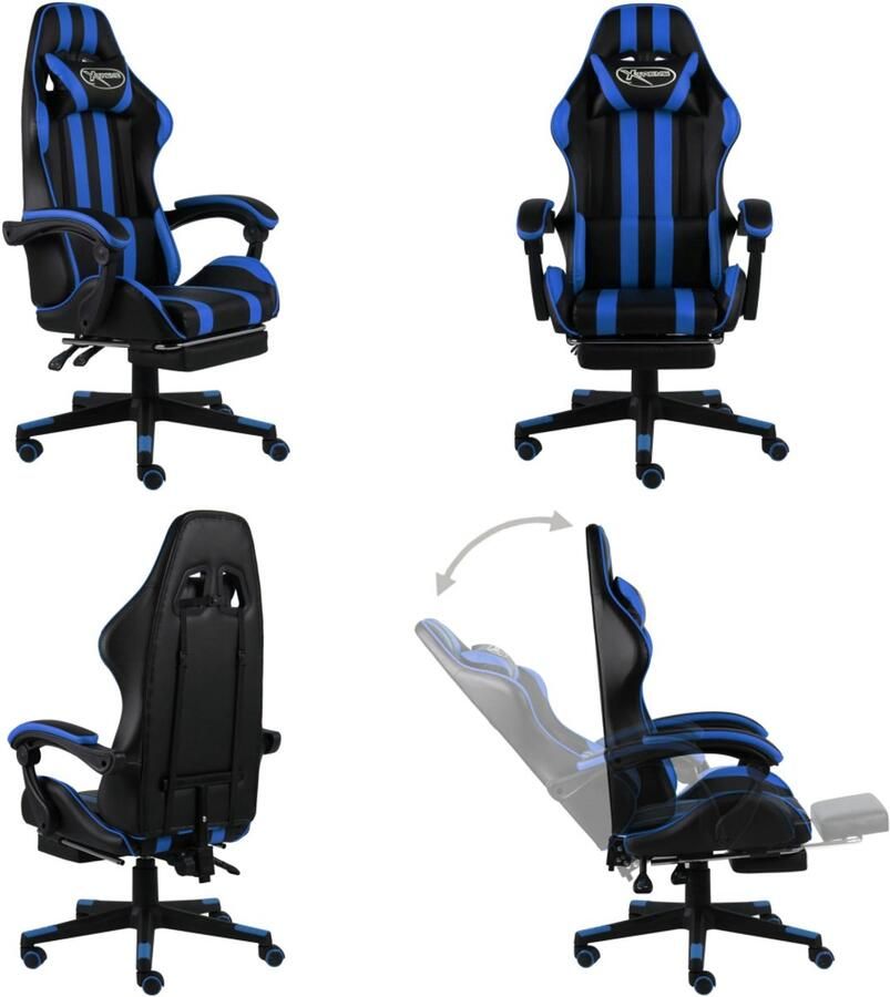 VidaXL Racestoel met voetensteun kunstleer zwart en blauw Kantoorstoel Kantoorstoelen Kantoor Stoel Kantoor Stoelen
