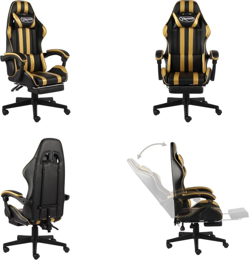 VidaXL Racestoel met voetensteun kunstleer zwart en goudkleurig Kantoorstoel Kantoorstoelen Kantoor Stoel Kantoor Stoelen