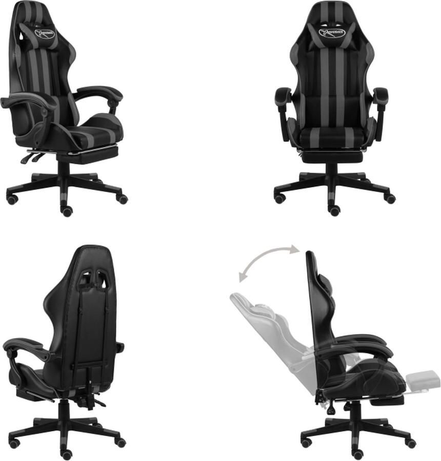 VidaXL Racestoel met voetensteun kunstleer zwart en grijs Kantoorstoel Kantoorstoelen Kantoor Stoel Kantoor Stoelen