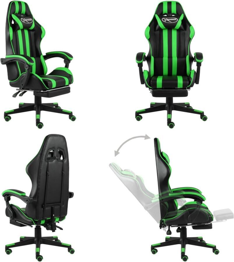 VidaXL Racestoel met voetensteun kunstleer zwart en groen Kantoorstoel Kantoorstoelen Kantoor Stoel Kantoor Stoelen