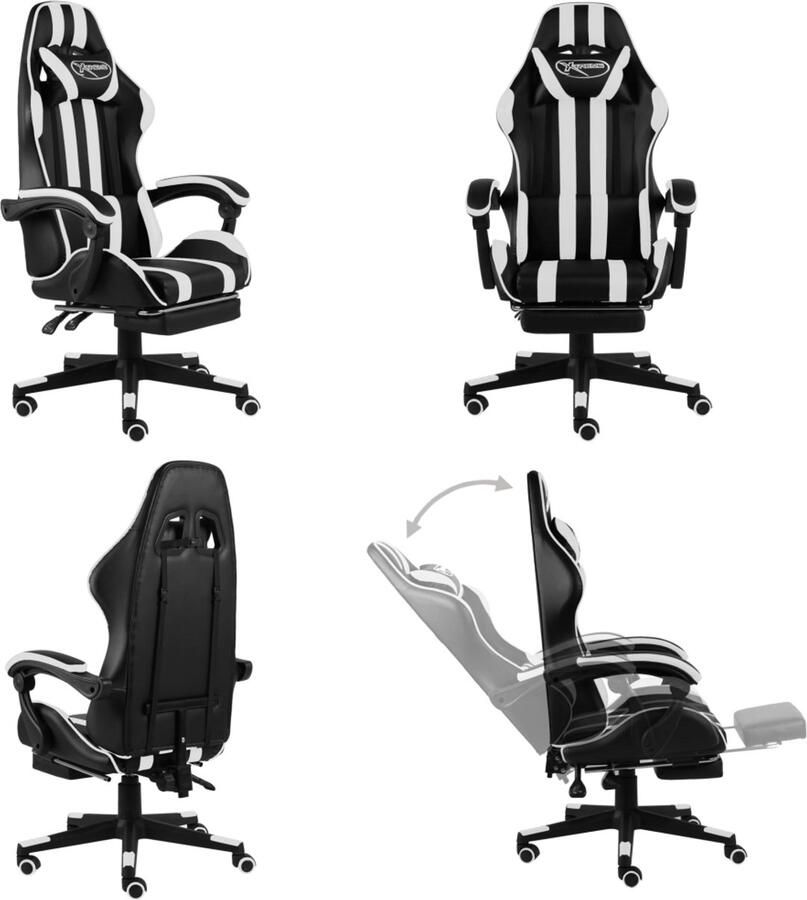 VidaXL Racestoel met voetensteun kunstleer zwart en wit Kantoorstoel Kantoorstoelen Kantoor Stoel Kantoor Stoelen
