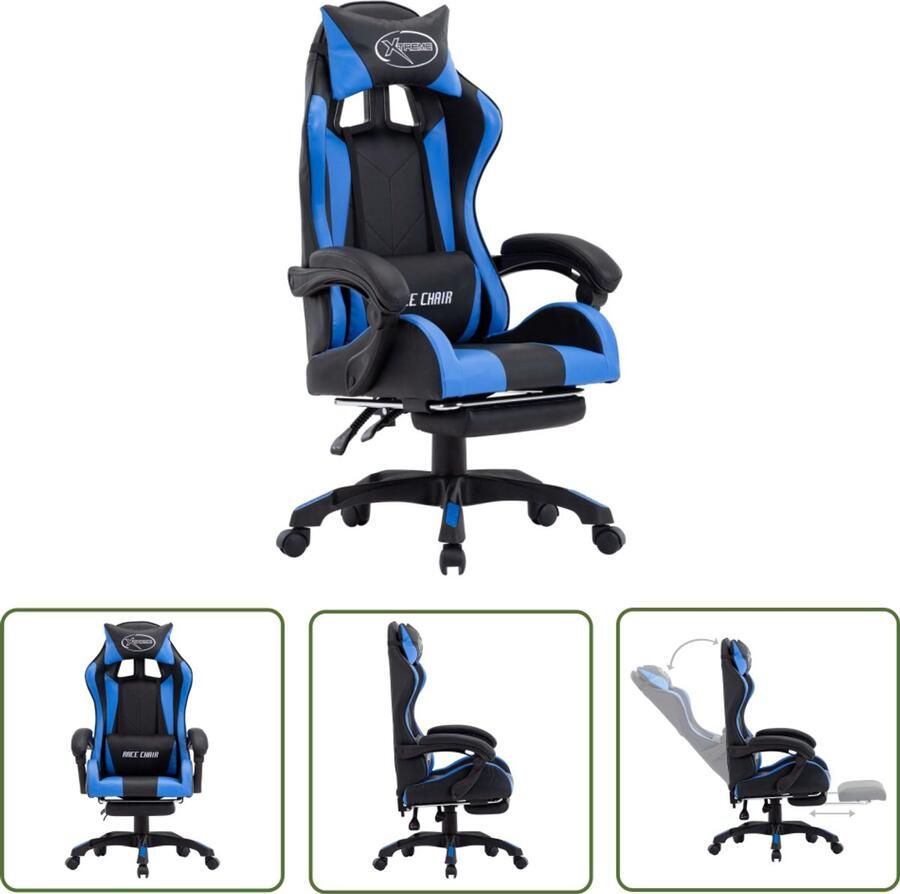 VidaXL Racestoel met Voetsteun Blauw Zwart Racestoel Gamingstoel Kantoorstoel Ergonomische Stoel Verstelbare Stoel Blauwe Stoel Zwarte Stoel Lederlook