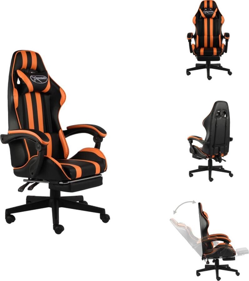 VidaXL Kantoorstoel Kantoorstoelen Kantoor Stoel Kantoor Stoelen Racestoel met voetensteun kunstleer zwart en oranje - Foto 2