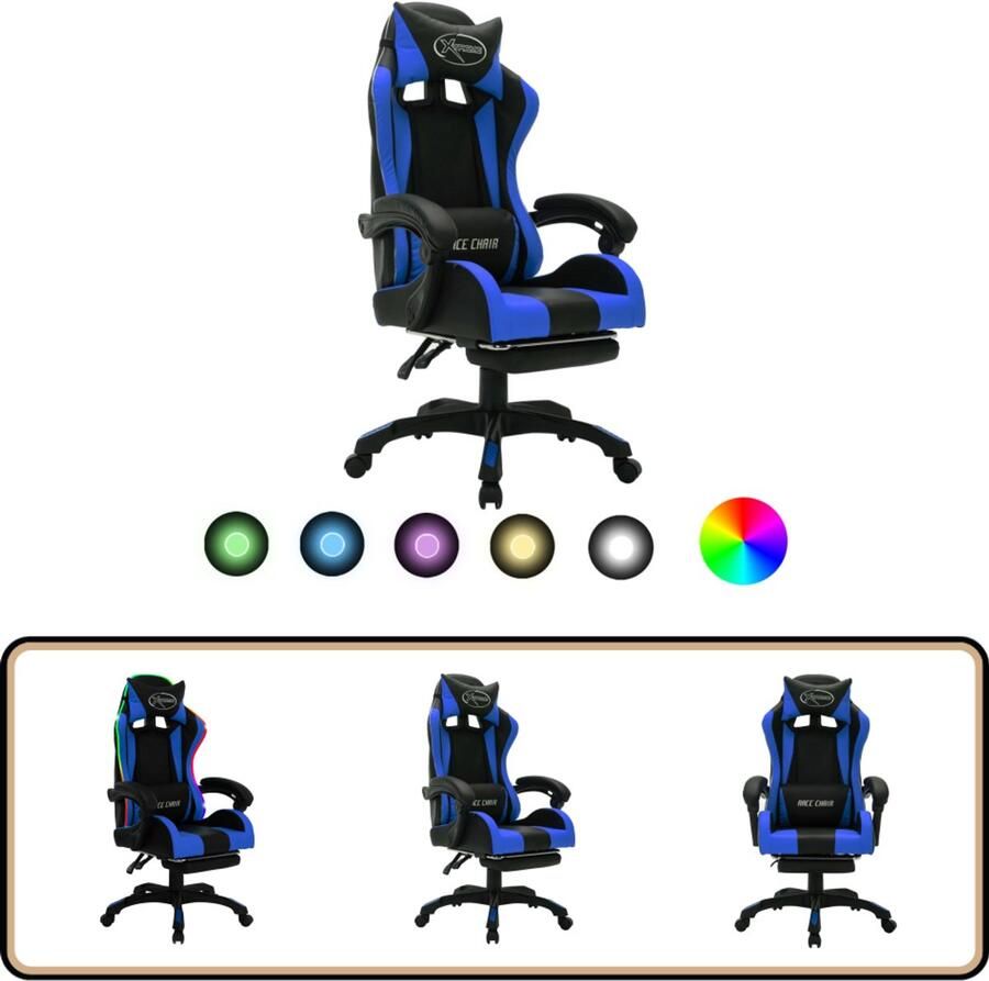 VidaXL Racestoel RGB LED Kunstleer Blauw Zwart Gamestoel Gamingstoel Racecarstoelen Esportsstoel Bureaustoel Kantoorstoel Led Licht Rgb Verlichting Kunstleder Verstelbaar Ergonomische Stoel