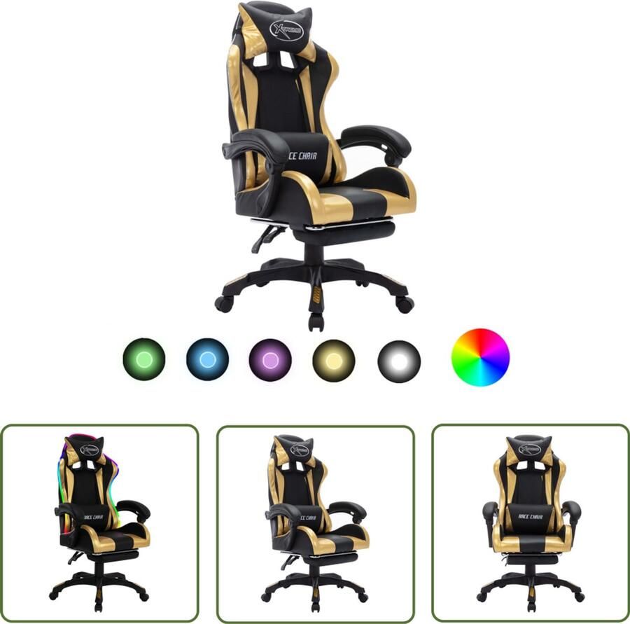 VidaXL Racestoel RGB LED Kunstleer Goud Zwart Gamestoel Gamingstoel Luxe Stoel Kunstleder Stoel Verstelbare Stoel Led Stoel Gouden Stoel Zwarte Stoel