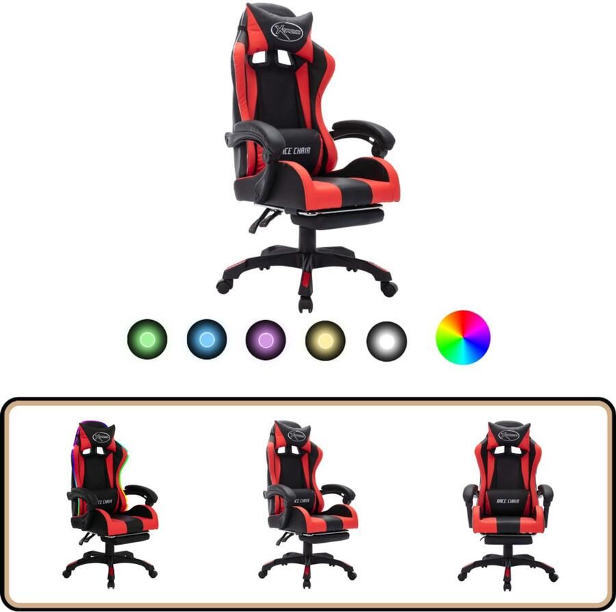 VidaXL Racestoel RGB LED Kunstleer Rood Zwart Gamingstoel Gaming Accessoires Led Gamingstoel Ergonomische Stoel Kantoorstoel