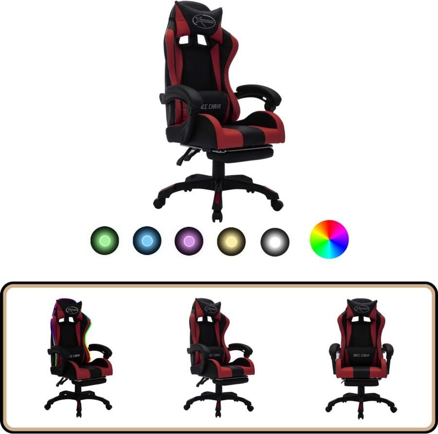 VidaXL Racestoel RGB LED Kunstleer Wijnrood Zwart Gamestoel Gamingstoel Bureaustoel Ergonomische Stoel Kunstleder