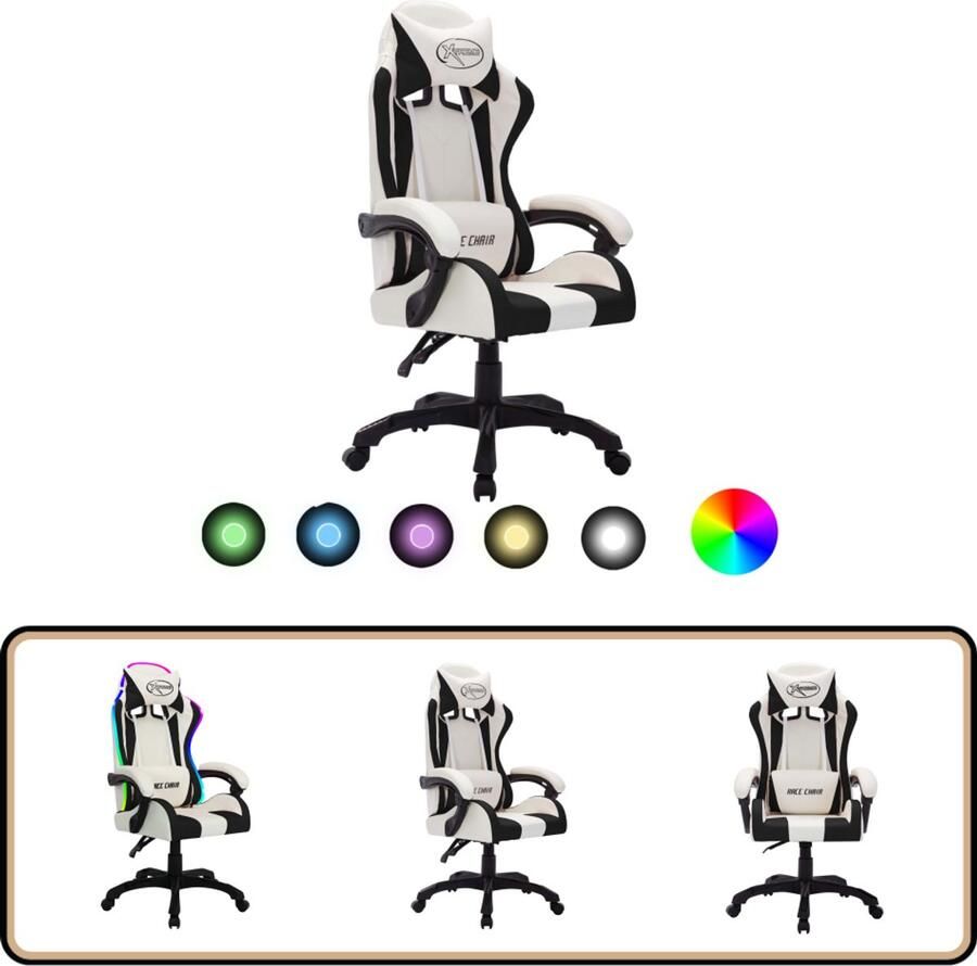 VidaXL Racestoel RGB LED Kunstleer Wit en Zwart Gamingstoel Racecarstoel Kantoorstoel Led Gamingstoel Rgb Gamingstoel