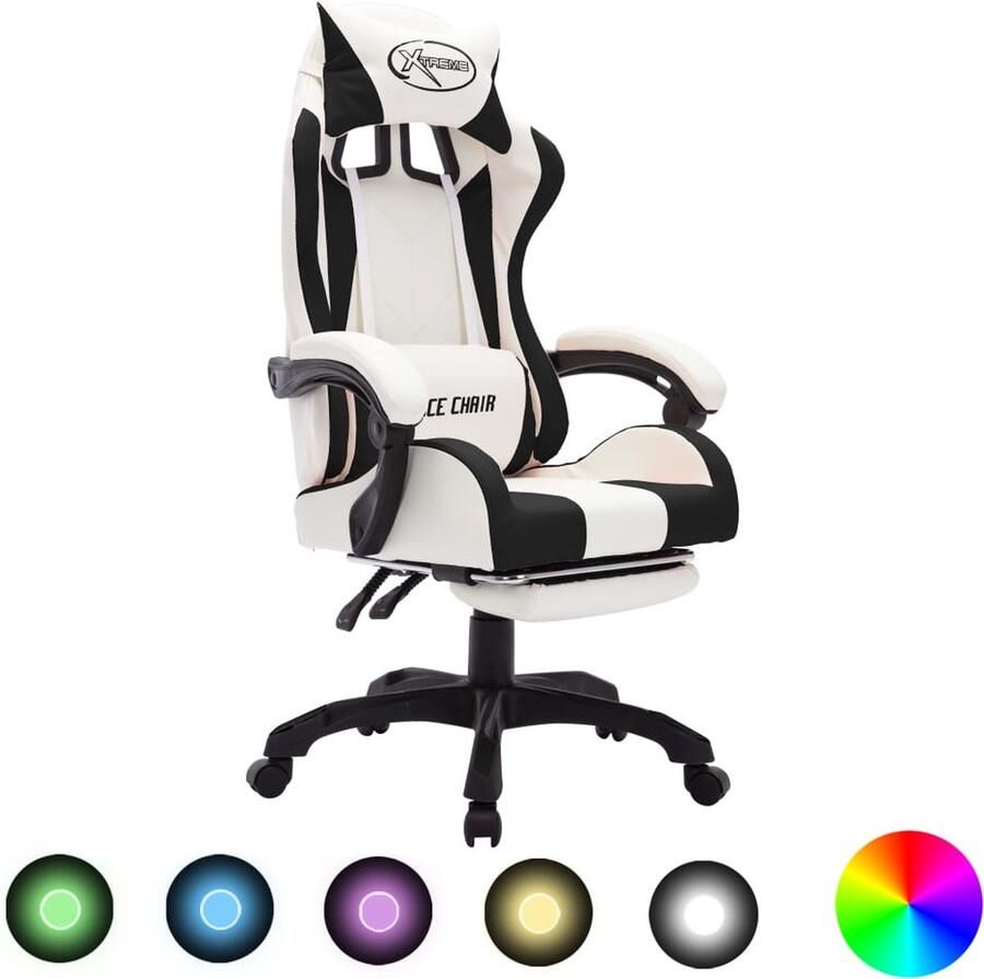 VidaXL Racestoel RGB LED Kunstleer Zwart Wit Gamestoel Gamingstoel Racecarstoelen Luxe Stoel Kantoorstoel Ergonomische Stoel Led Verlichting Kunstleder Zwarte Stoel Witte Stoel - Foto 2
