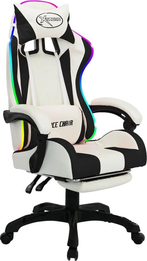 VidaXL Racestoel RGB LED Kunstleer Zwart Wit Gamestoel Gamingstoel Racecarstoelen Luxe Stoel Kantoorstoel Ergonomische Stoel Led Verlichting Kunstleder Zwarte Stoel Witte Stoel
