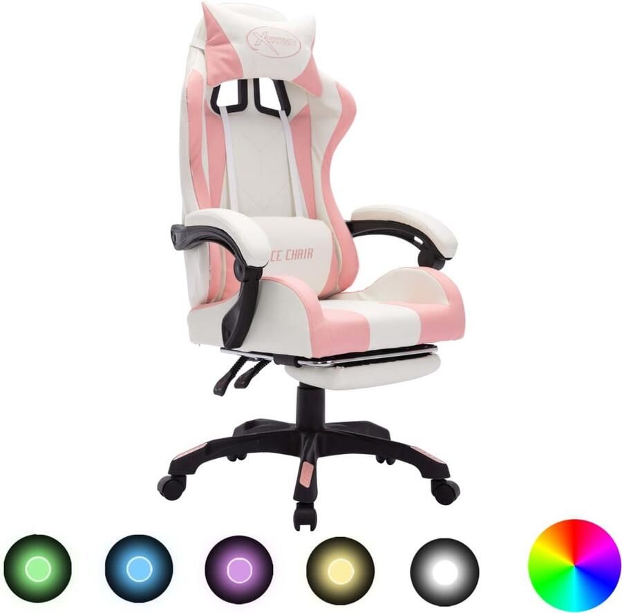 VidaXL Racestoel RGB LED roze wit kunstleer Gamestoel Gamingstoel Racecarstoelen Pc Stoel Kantoorstoel Rozerige Stoel Witte Stoel Lederlook Kunstleder Verstelbare Stoel Ergonomische Stoel Led Verlichting - Foto 3