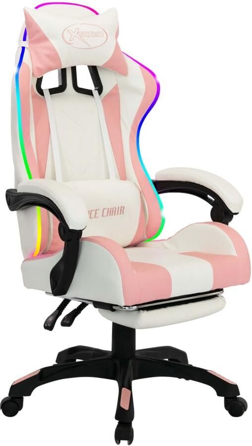 VidaXL Racestoel RGB LED roze wit kunstleer Gamestoel Gamingstoel Racecarstoelen Pc Stoel Kantoorstoel Rozerige Stoel Witte Stoel Lederlook Kunstleder Verstelbare Stoel Ergonomische Stoel Led Verlichting - Foto 2