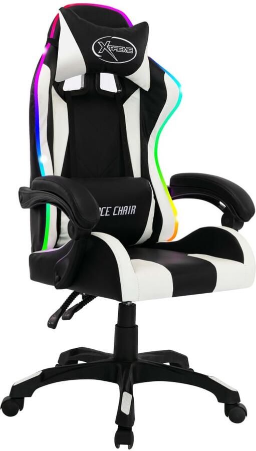 VidaXL Racestoel RGB LED Verstelbaar Wit Zwart Gamestoel Gamingstoel Racecarstoel Kantoorstoel Bureaustoel Led Verlichting Rgb Verlichting Kunstleer