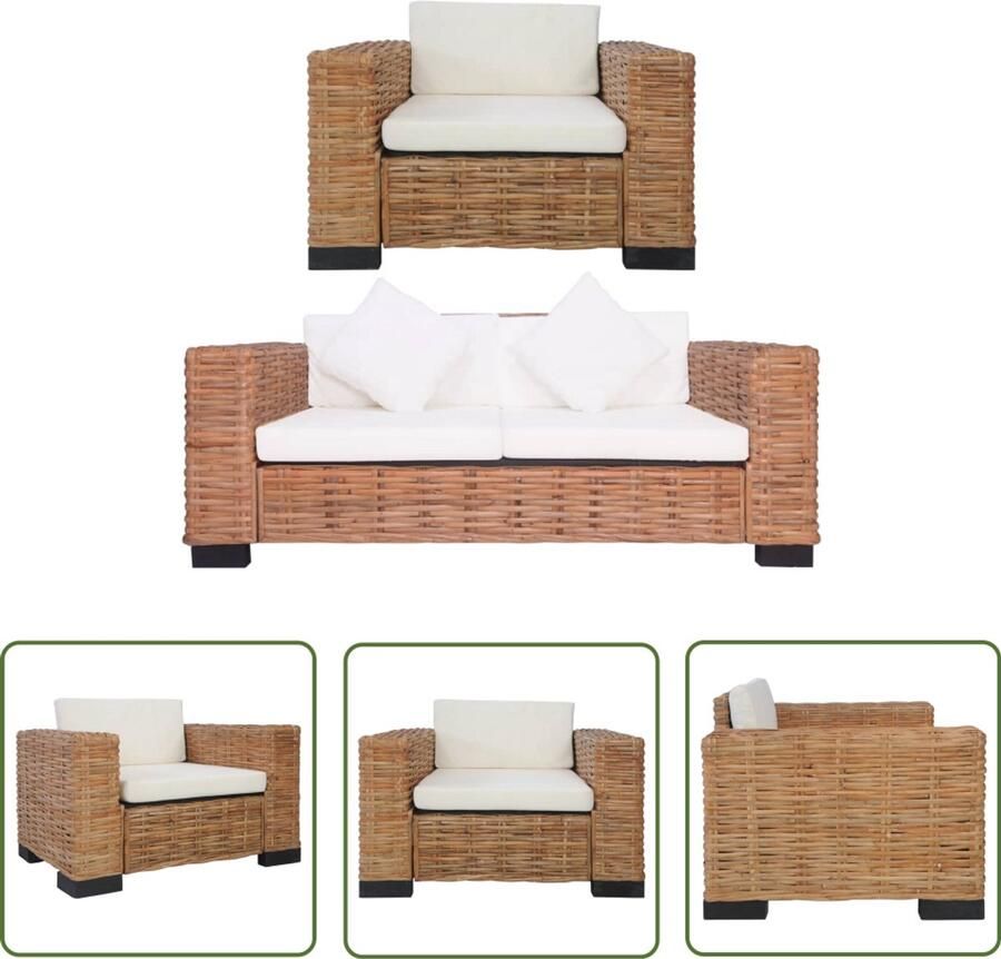 VidaXL Rattan Bankstel 2-delig met Kussens Bruin Rattan Bank Lounge Set Tuinbank Buitentijd Terras Meubilair Bruine Bank Cremekleurige Bank