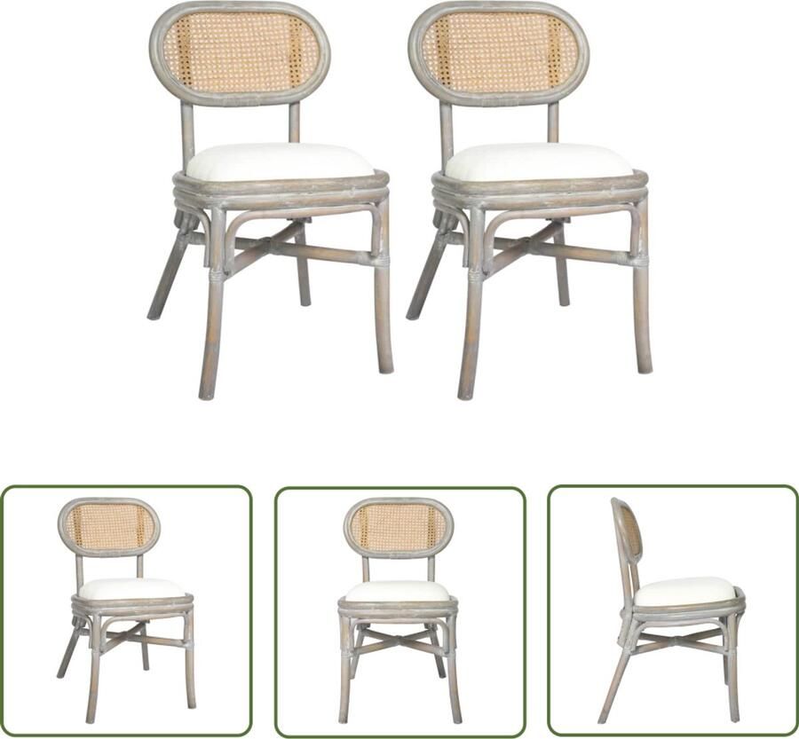 The Living Store Eetkamerstoel Rattan 46x53x83 cm Grijs Comfortabel kussen Ergonomisch Set van 2 Eetkamerstoel Rattan Meubels Grijze Stoel Comfortabele Stoel Ergonomische Stoel - Foto 3