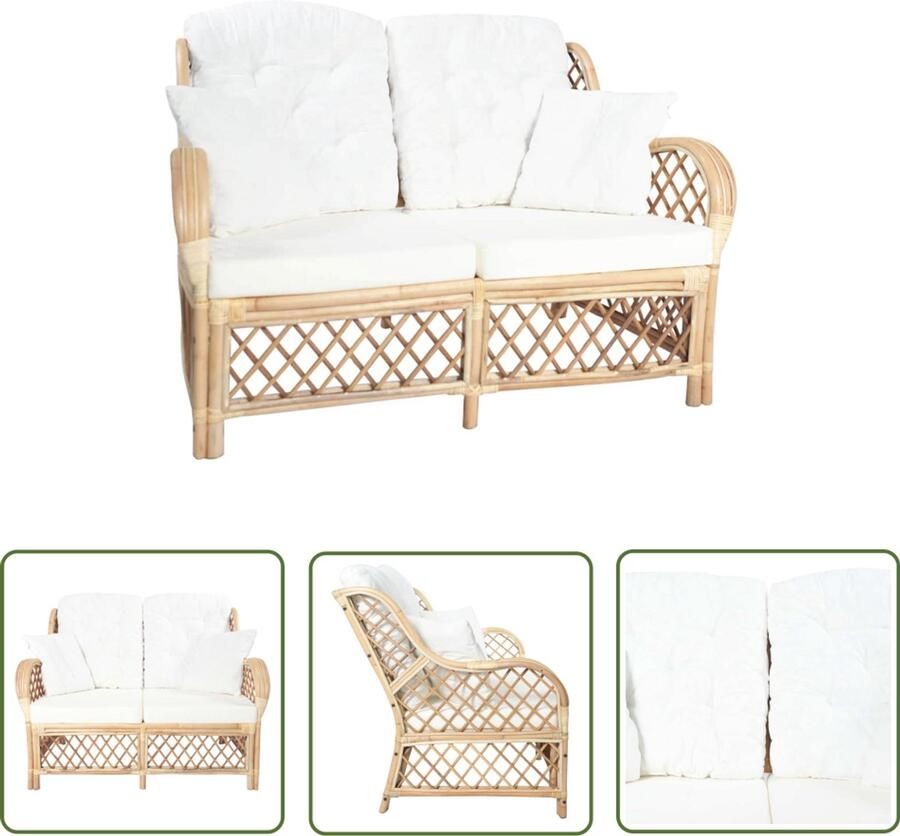 The Living Store 2-zitsbank Rattan 125 x 80 x 90 cm Crèmewit kussen Tweezitsbank Rattan Meubilair Lounge Stoffen Buitenkamer Set Relaxstoel - Foto 2