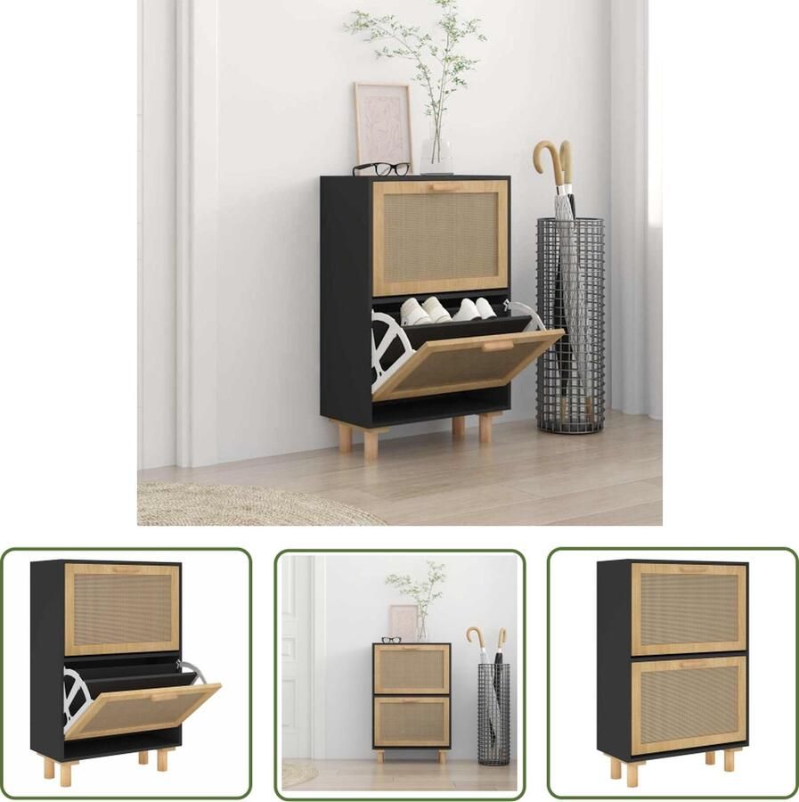 The Living Store Schoenenkast 52x25x80 cm bewerkt hout en rattan zwart Schoenenkast Rattan Schoenenkast Zwarte Schoenenkast Houten Schoenenkast Scandinavische Schoenenkast - Foto 2