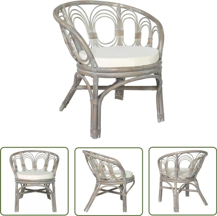 The Living Store Eetkamerstoel met kussen natuurlijk rattan en linnen grijs Eettafelstoel Rattan Stoel Eetkamerstoel Lounge Stoel Vintage Stoel - Foto 2