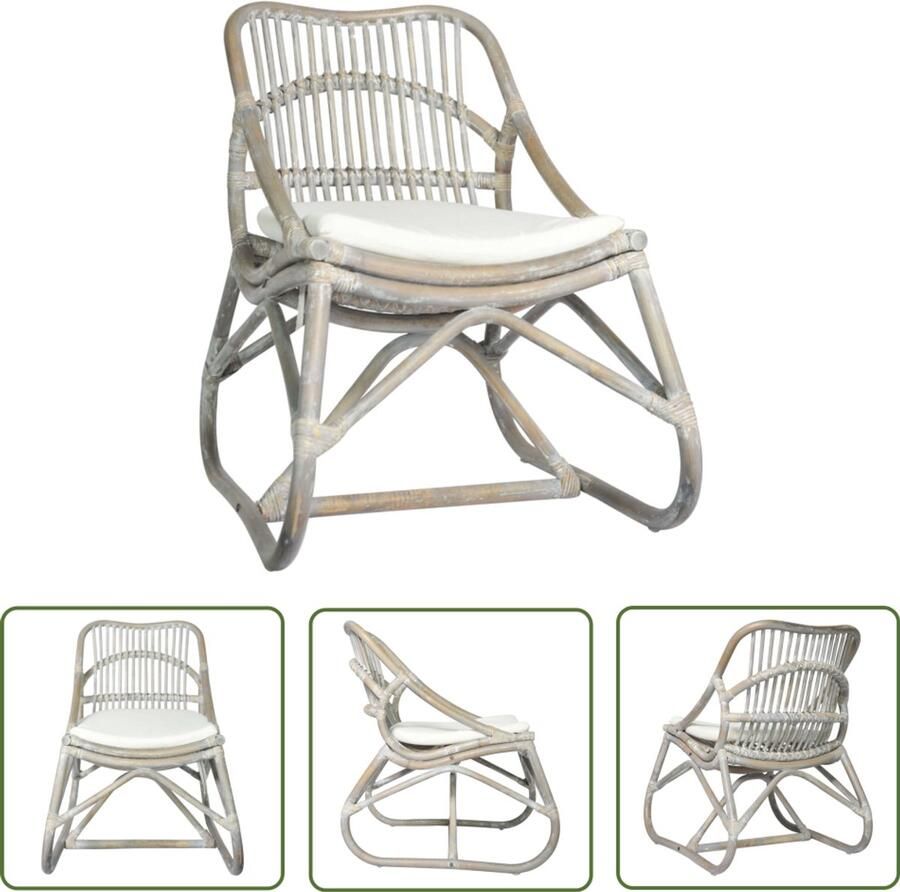 VidaXL Rattan Stoel Grijs Linnen Kussen 73x50x78 cm Rattan Fauteuil Relaxstoel Lounge Stoel Wicker Stoel Vintage Stoel Bohemian Stoel - Foto 2