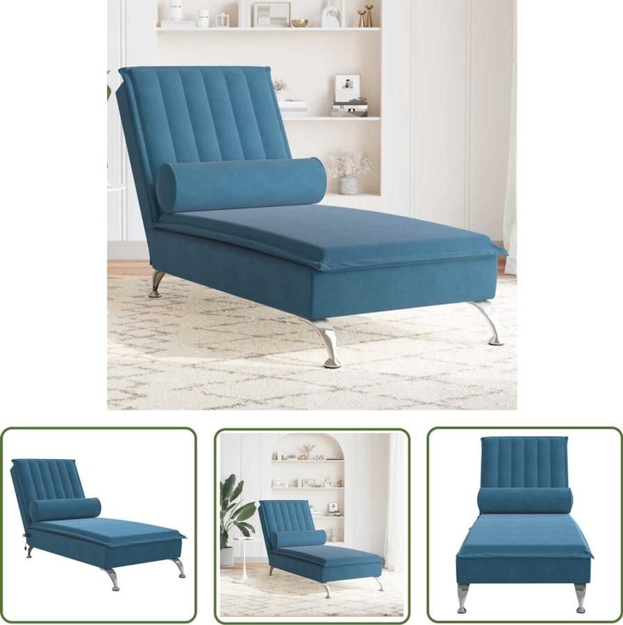 The Living Store Massage chaise longue met bolster fluweel blauw Massage Fauteuil Relaxfauteuil Loungestoel Fluweelfauteuil Blue Sofa